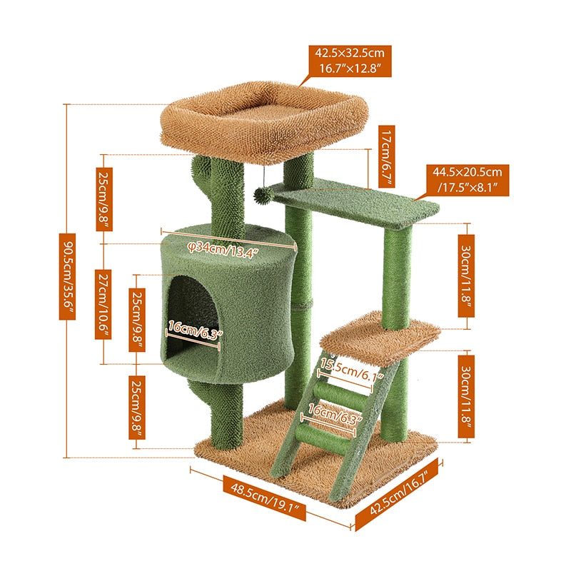 H90.5CM Cactus Cat Tree with Natural Sisal Scratching Post Board for Cat Perch Condo Kitty Play House rascador gato arbre à chat