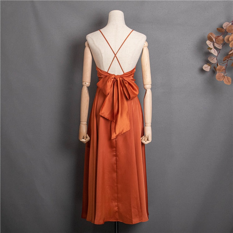 Strappy Beach Holiday Backless Sexy Elegant Satin Lace Up Bow Vintage Women Spring Summer Sundress Lady Long Dress