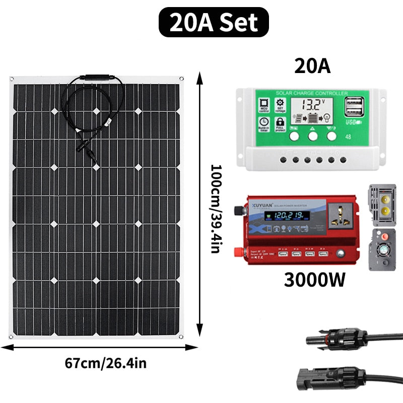 600w 1200w ETFE Solar Panel 12v Photovoltaic Home System Inverter Complete Kit Solar Cell Battery Charger For Car Boat Camping