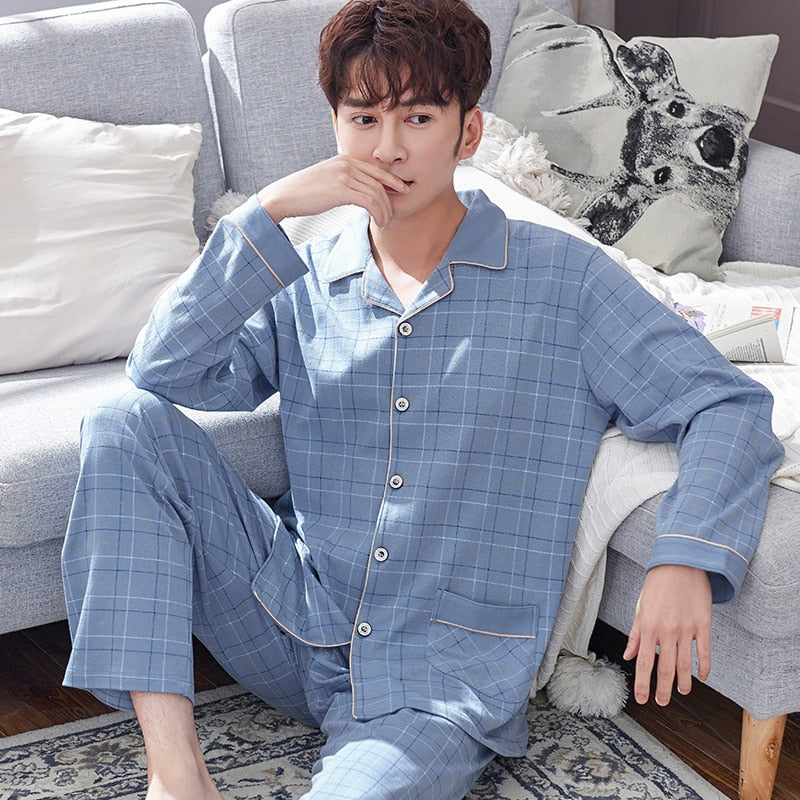 Winter 100% Cotton Pajamas Men Lounge Sleepwear Blue Plaid Pijama Man's Warm Bedgown Home Clothes PJ Pure Pijama Hombre Invierno