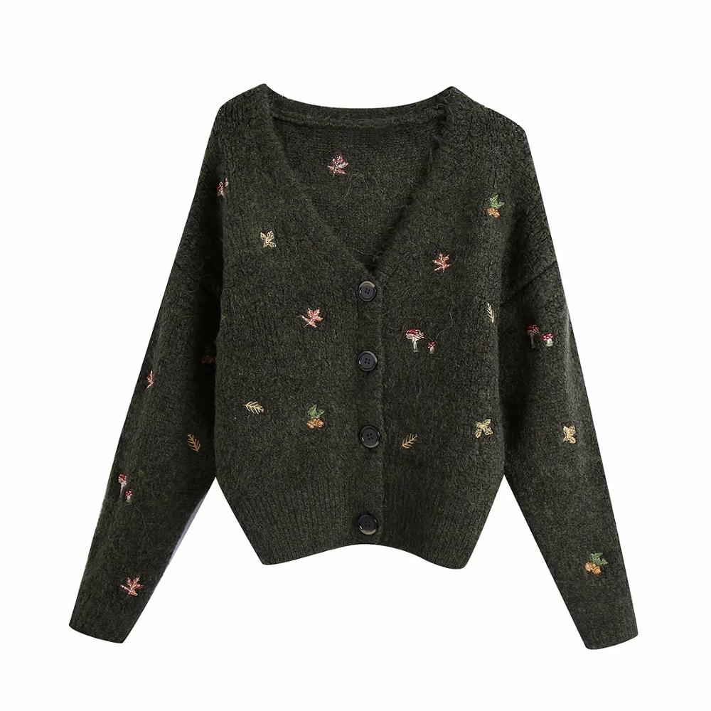 Vintage knit cardigan with embroidery Long sleeves V-neck ribbed trims Cardigan Female Elegant sweater Outerwear