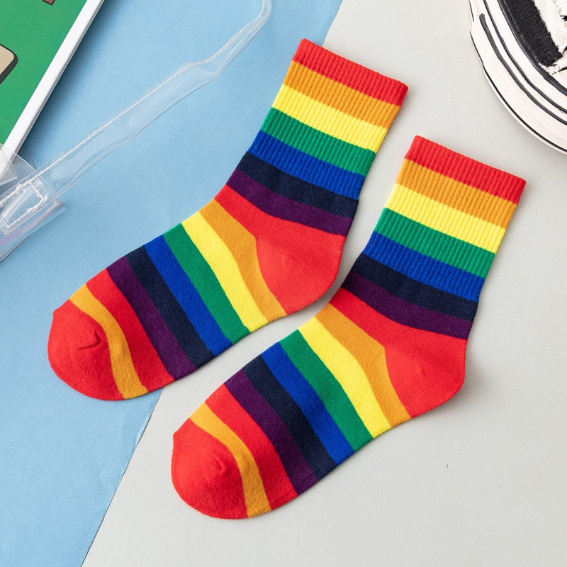 Cotton Elasticity Sweat Women's High Socks Candy Color Rainbow Socks Striped Sporty Meias Casual Streetwear Harajuku Socks