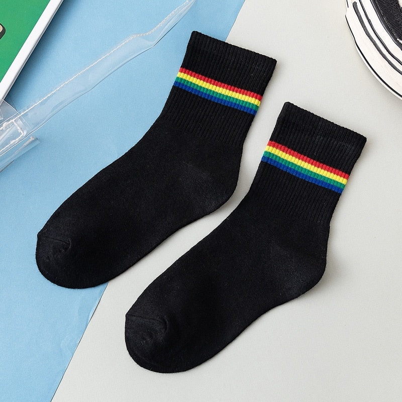 Cotton Elasticity Sweat Women's High Socks Candy Color Rainbow Socks Striped Sporty Meias Casual Streetwear Harajuku Socks