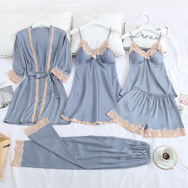 Women Robe Suit Pajamas Nighty&Satin Kimono Bathrobe Gown Nightdress Silky Lace Sleep Set Nightwear Sexy Nightgown