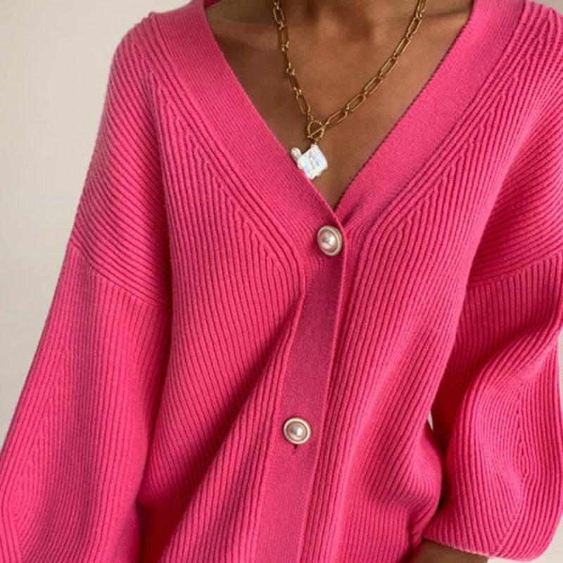 MUICHES Casual V-Neck Single Breasted Sweater Woman Lantern Sleeve Pearl Button Solid Oversized Cardigan