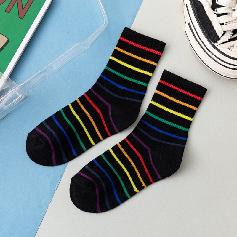 Cotton Elasticity Sweat Women's High Socks Candy Color Rainbow Socks Striped Sporty Meias Casual Streetwear Harajuku Socks