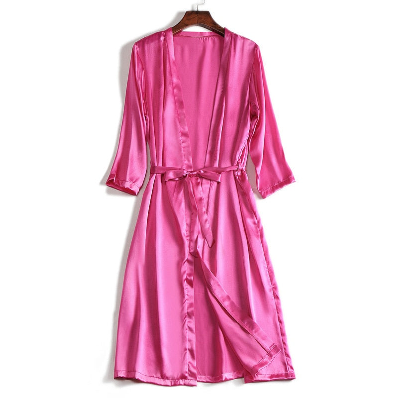 100% Natural silk Women Robes Silk Satin Knee length robe Belted Healthy Sleep wear 2021 Spring Fall Home Wears Kimono