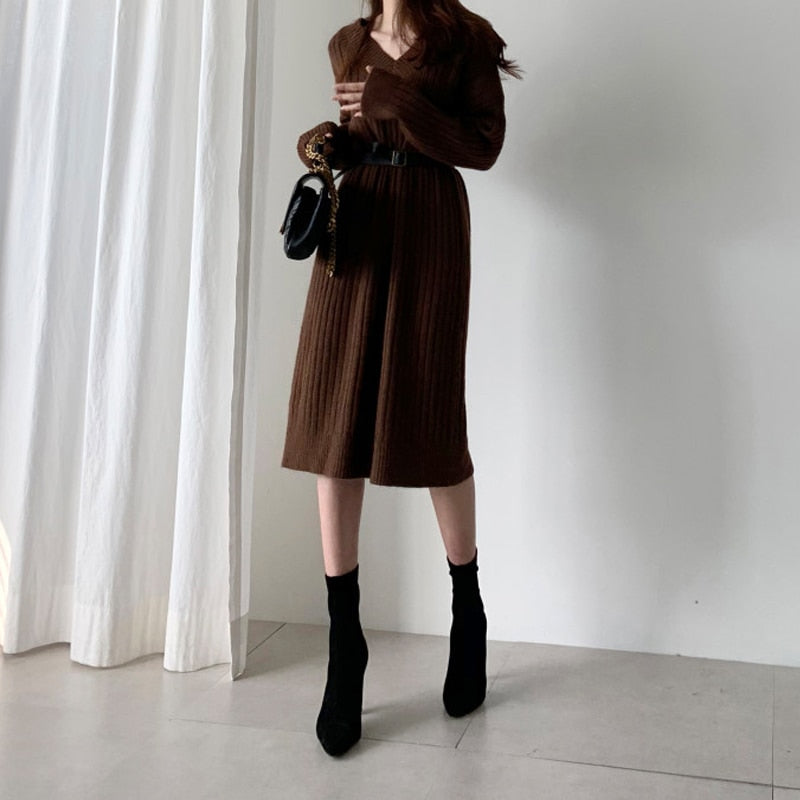 Womens Sweater Dress Winter Long Sleeve Sweaters Knitted Dresses Womens Loose Maxi Oversize Knitting Robe Vestido