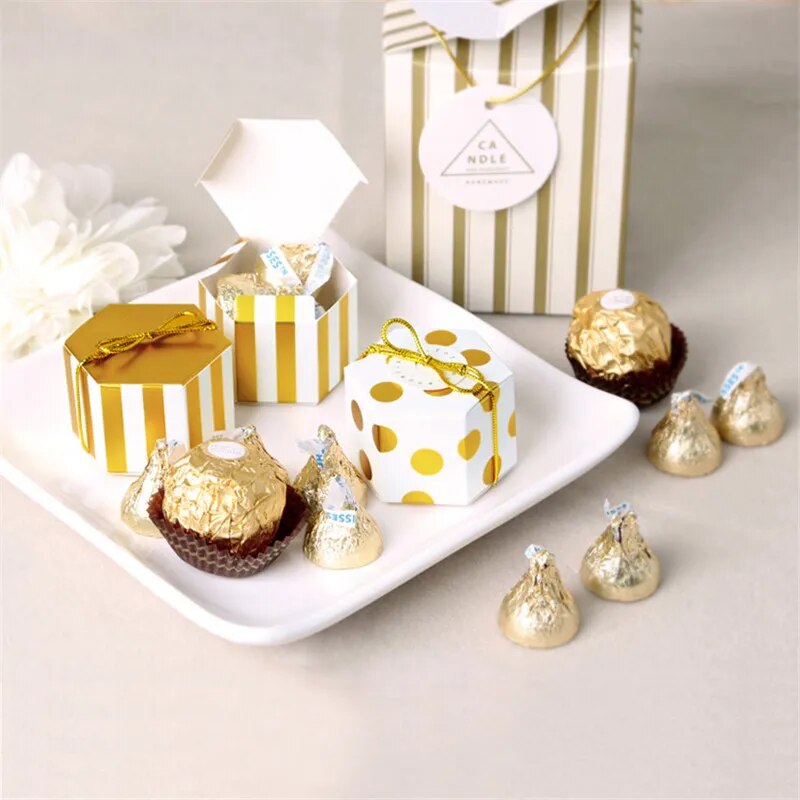 100pcs Mini Lovely Gold Round Dot Gold Striped Paper Candy Boxes For Baby Shower gift box Birthday Wedding Party Favor Box