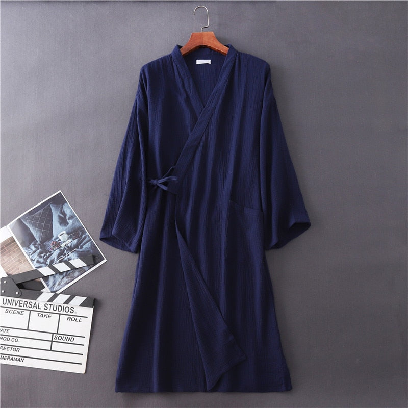 Crepe Gauze Bathrobe Solid 100% Cotton Robe Long-sleeved V-neck Kimono Wedding Robes Sleepwear Plus Size Dressing Gown