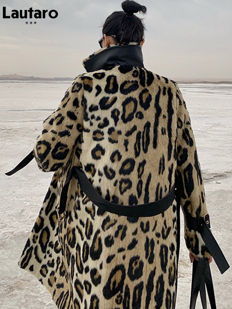 Lautaro Winter Long Leopard Print Warm Fluffy Faux Fur Trench Coat for Women Long Sleeve Double Breasted European Fashion