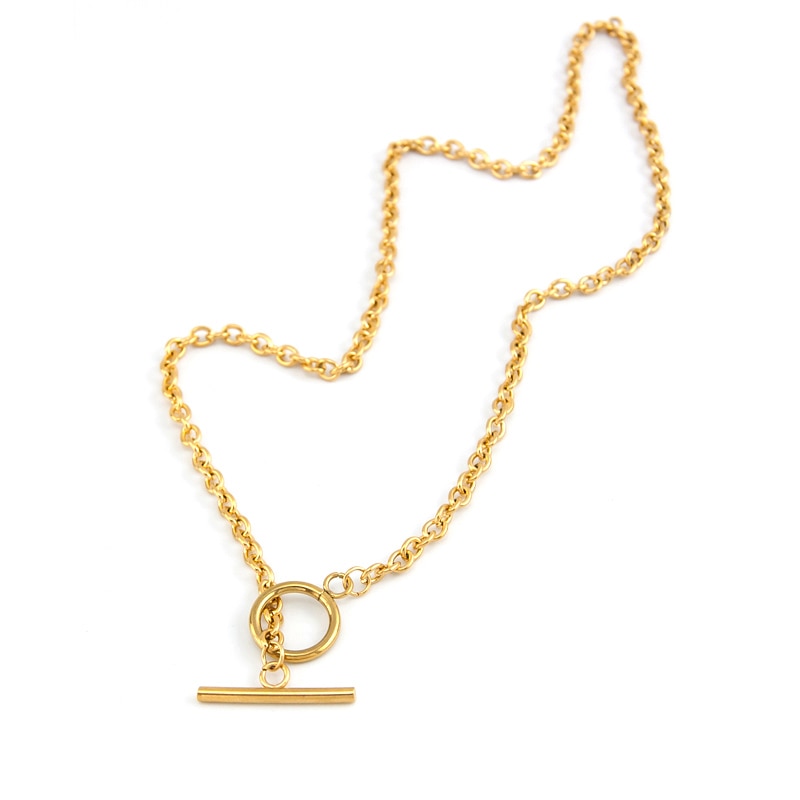 Risul Stainless steel women necklace T bar pendant Rolo O link gold color toggle clasp Chain female