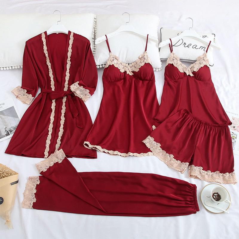 Women Robe Suit Pajamas Nighty&Satin Kimono Bathrobe Gown Nightdress Silky Lace Sleep Set Nightwear Sexy Nightgown