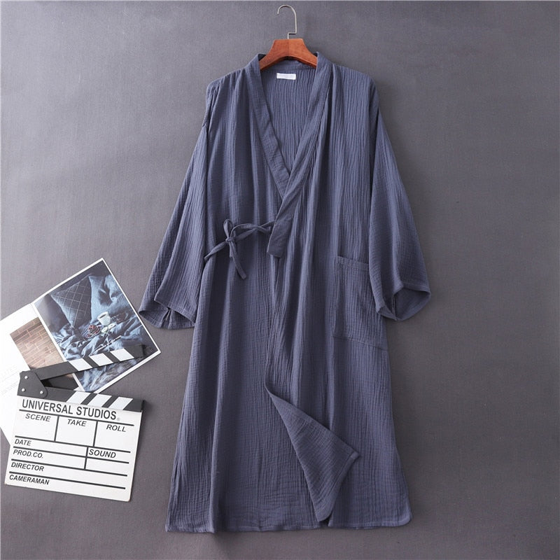 Crepe Gauze Bathrobe Solid 100% Cotton Robe Long-sleeved V-neck Kimono Wedding Robes Sleepwear Plus Size Dressing Gown