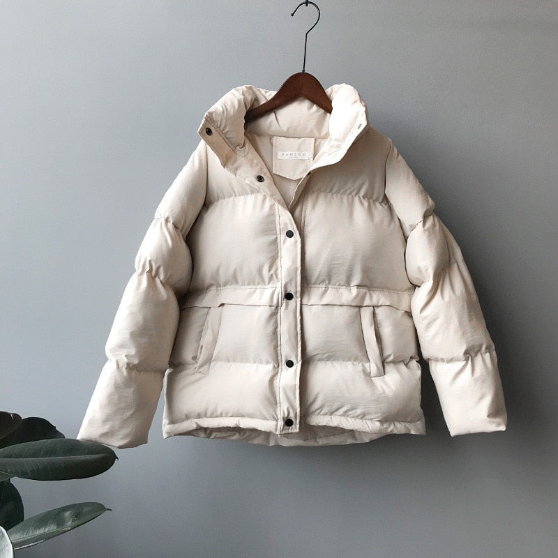 fashion solid women's winter down jacket stand collar short single-breasted coat preppy style parka ladies chic outwear female