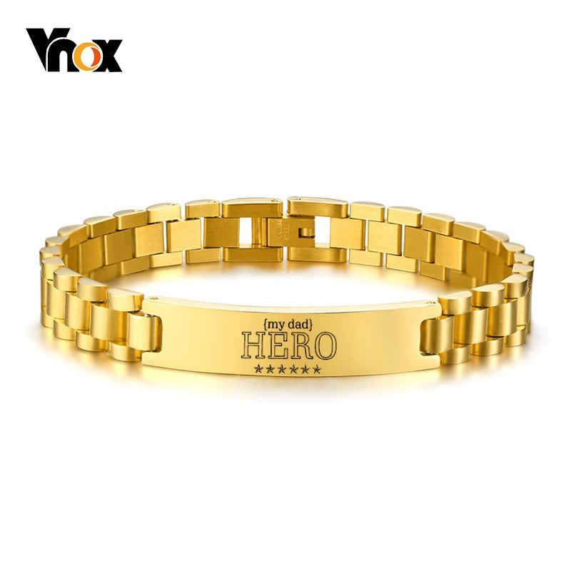 Vnox My Dad HERO Bracelets Personalized Quotes Men Bracelet Qualified Stainless Steel ID Bangle Father's Day Gift 19.5cm/21cm