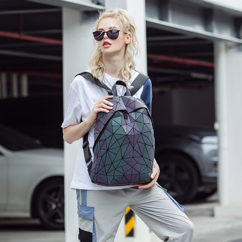 New Luminous Backpack School Women Men Set Rucksack Female Lattice Backbag Holographic Shoulder Bags Purse mochila sac