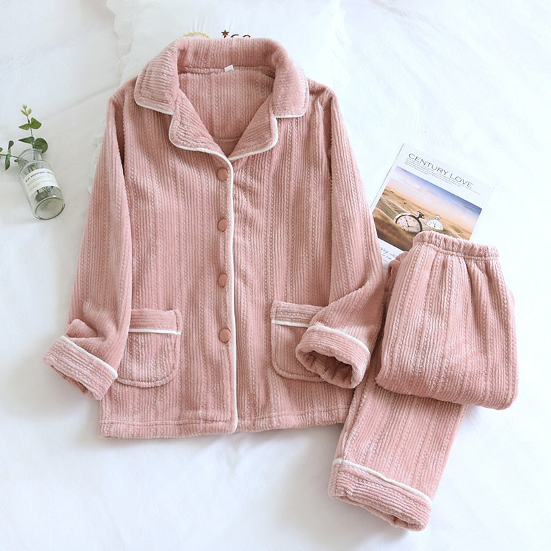 Winter Flannel Couple Clothes Pajama Set Sleepwear Femme Pyjama Long Sleeve Trouser Ensemble Female Pijama Thicken Warm Homewear