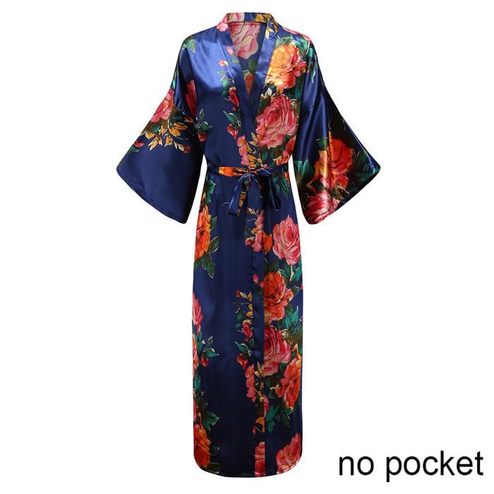 Sexy Lounge Casual Nightdess For Women Sleepwear Female Loose Print Flower Kimono Bathrobe Royal Blue Long Robe Gown With Belt