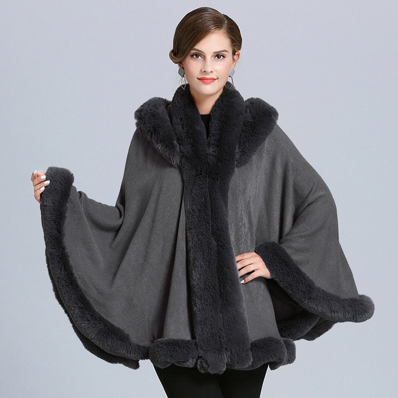 5 Color Winter Thick Warm Grey Black Poncho Cape Women Faux Fur Neck Knitted Cloak Big Pendulum Loose Cardigan Coat With Hat