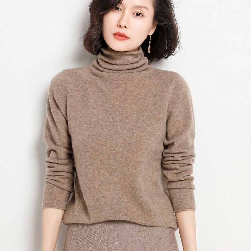 BELIARST 100% Pure Wool Autumn And Winter Sweater Women Pile Neck Pullover Slim Solid Color