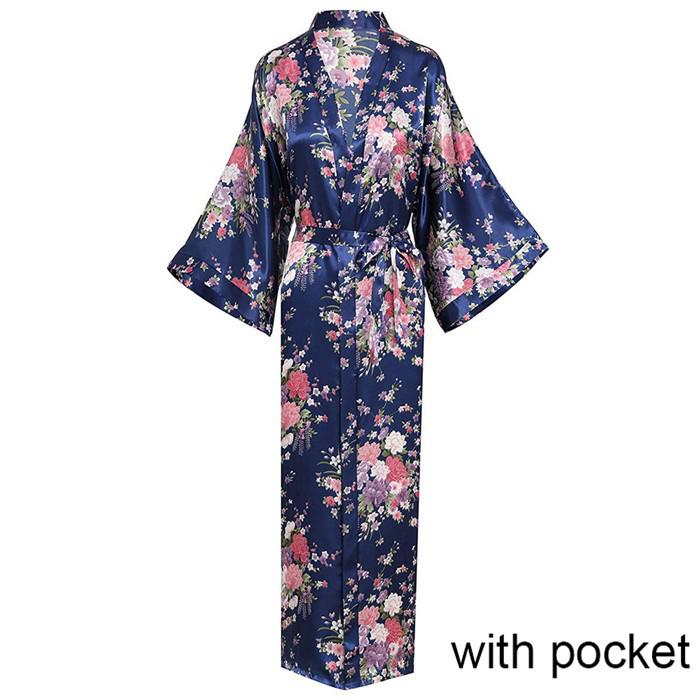 Sexy Lounge Casual Nightdess For Women Sleepwear Female Loose Print Flower Kimono Bathrobe Royal Blue Long Robe Gown With Belt