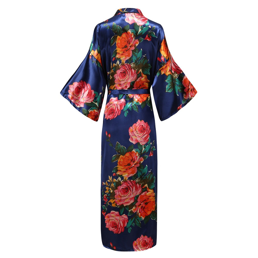 Sexy Lounge Casual Nightdess For Women Sleepwear Female Loose Print Flower Kimono Bathrobe Royal Blue Long Robe Gown With Belt