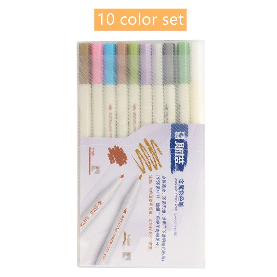 10pcs Metallic Color Brush Marker Pen Set Soft Painting Drawing Hand Lettering Calligraphy School Home DIY Art Supplies A6965