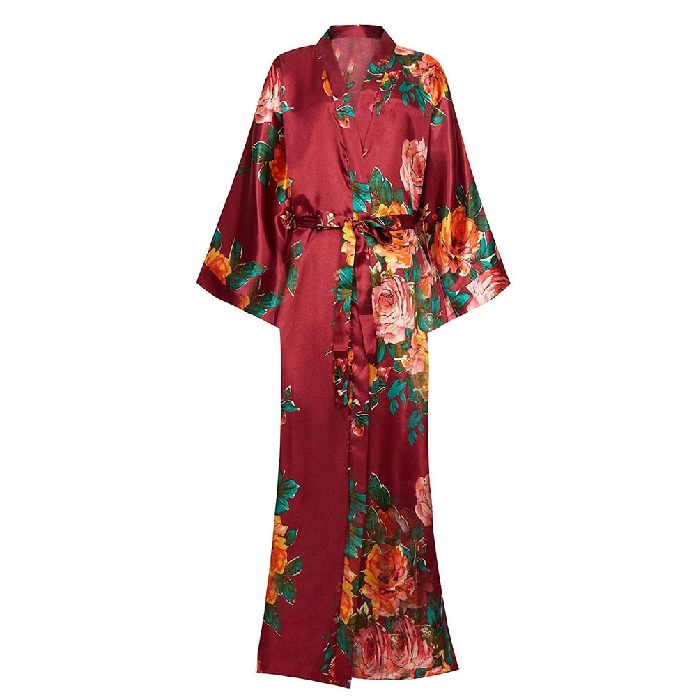 Sexy Lounge Casual Nightdess For Women Sleepwear Female Loose Print Flower Kimono Bathrobe Royal Blue Long Robe Gown With Belt