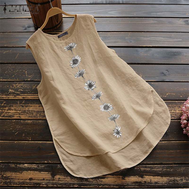 Women's Irregular Blouse ZANZEA Tanks Tops Casual Linen Blusas Female Sleeveless Chemise Summer Tee Shirts