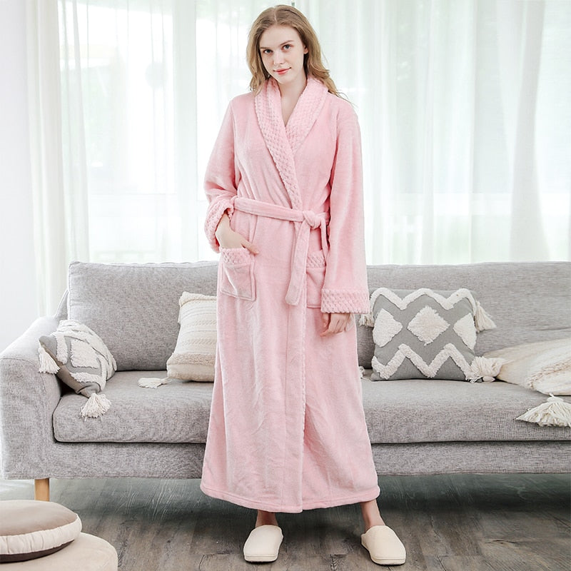 Winter Long Coral Fleece Bathrobe Kimono Warm Flannel Bath Robe Men Cozy Robes Night Sleepwear Women Dressing Gown