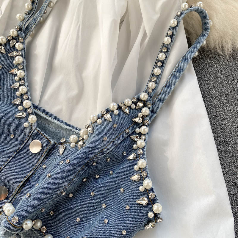 New Temperament Blouse Female Lapel Beaded Stacking Bead Blusa Sling Waistcoat C Fashion Two-piece Shirt Dropship