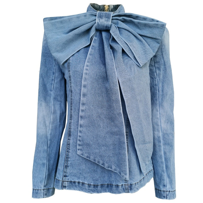 Bow Denim Women's Jacket Stand Collar Long Sleeve Vintage Ruched Jacket