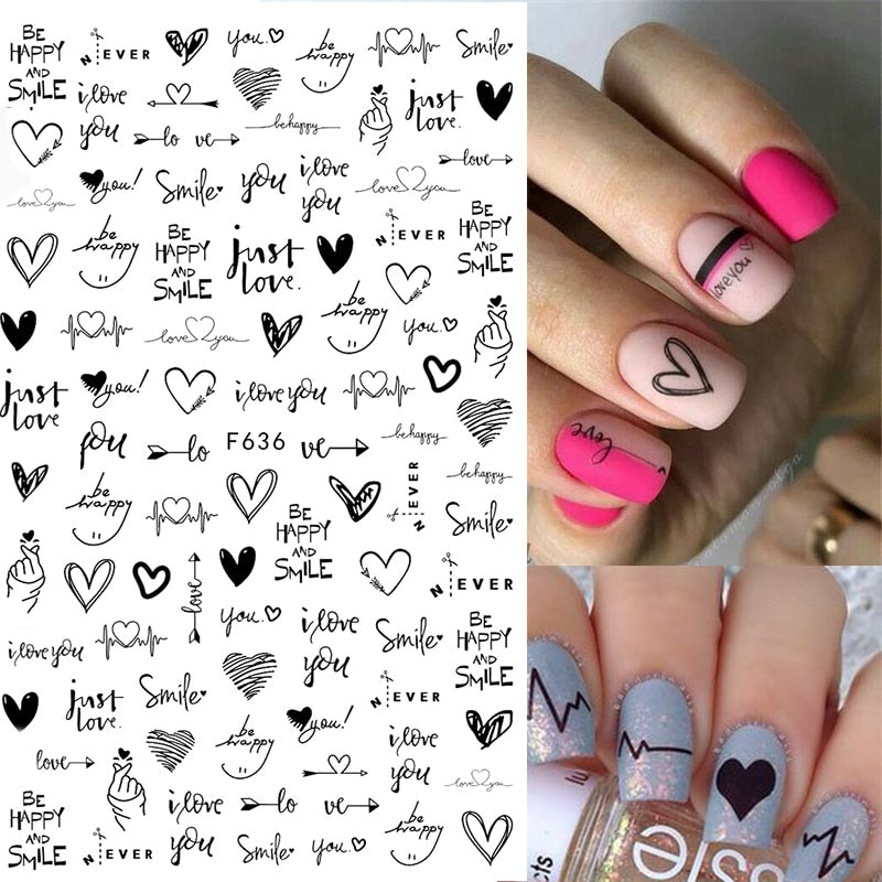 1PC Heart Love Design 3D Nail Sticker English Letter stickers Face Pattern Trasnfer Sliders Valentine's Day Nail Art Decoration