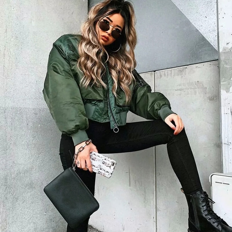 Stylish lady autumn winter merodi  green short jackets women fashion long sleeve zipper bomber jacket outwear women's coat