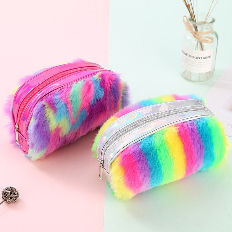 Plush School Pencil Case Colorful Rainbow Pen Box for Girl Pencilcase Large Cartridge Cosmetic Makeup Penal Bag Stationery Pouch