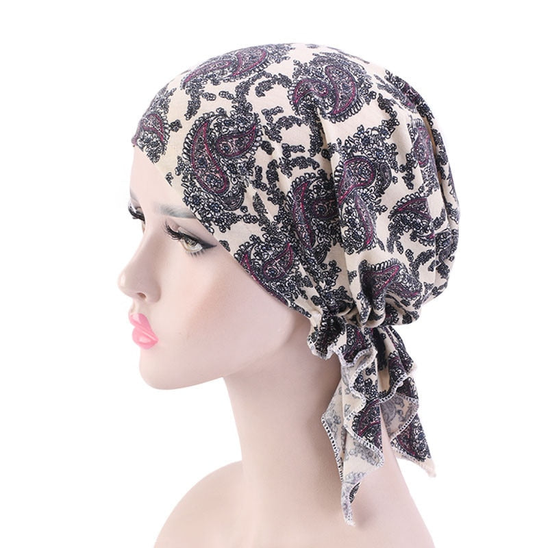 New fashion print woman turban hat soft elastic flowers lady muslim headdress wrap head scarf hijab caps turbante female