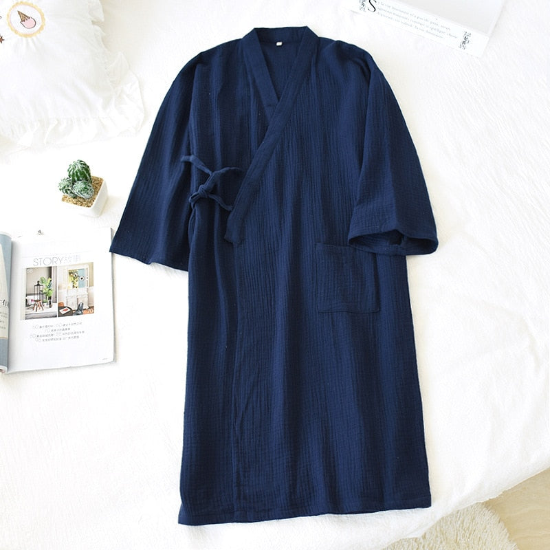 Japanese-style kimono spring and summer new 100% cotton crepe ladies thin nightgown men bathrobe robe home service pajamas