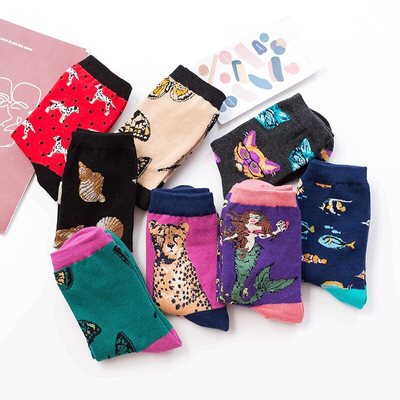 Vintage Fashion Leopard Animal Socks Women Girls Streetwear Cartoon Shell Fish Butterfly Mermaid Panther Dog Cat Cotton Socks