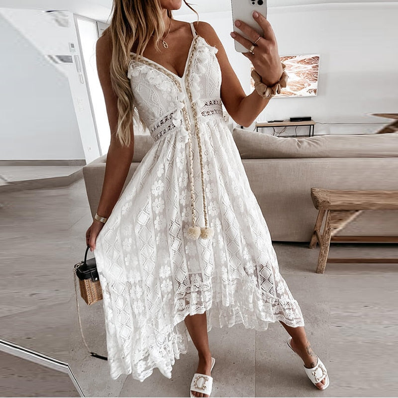 Off Shoulder Lace Patchwork Elegant Dress Women Summer  Neck Spaghetti Strap Dress Female New Fashion Solid Party Dresses