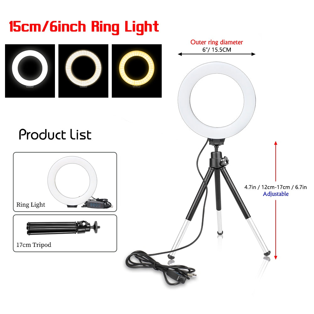 Ring Light With Tripod Stand Usb Charge Selfie Led Lamp Dimmable Photography Light For Photo Photography Studio (16cm/6 inch)