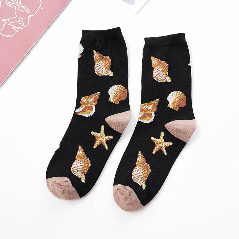 Vintage Fashion Leopard Animal Socks Women Girls Streetwear Cartoon Shell Fish Butterfly Mermaid Panther Dog Cat Cotton Socks