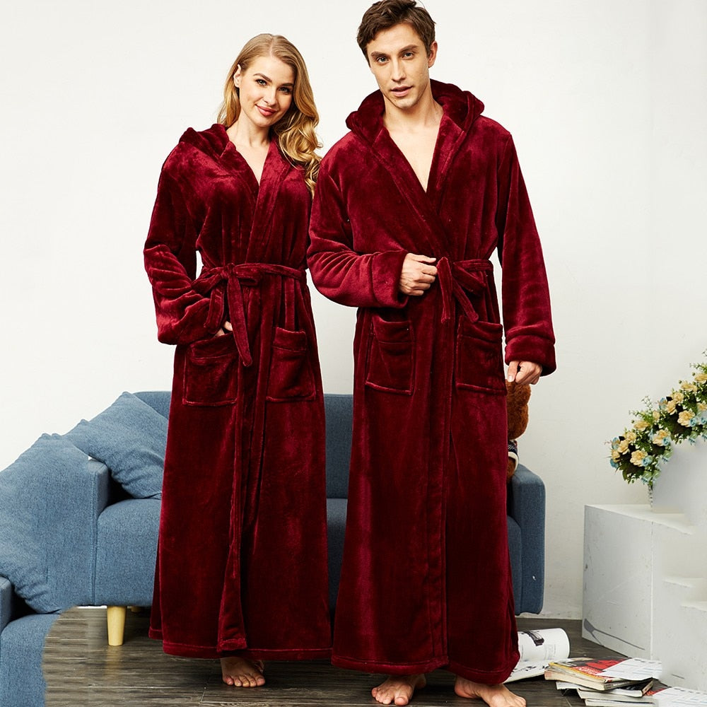 Loose HOOD Sleepwear Winter Ultral Long Large Flannel Men Robe Gown Casual Bathrobe MEN&WOMEN Thick Warm For 130KG Home Clothes