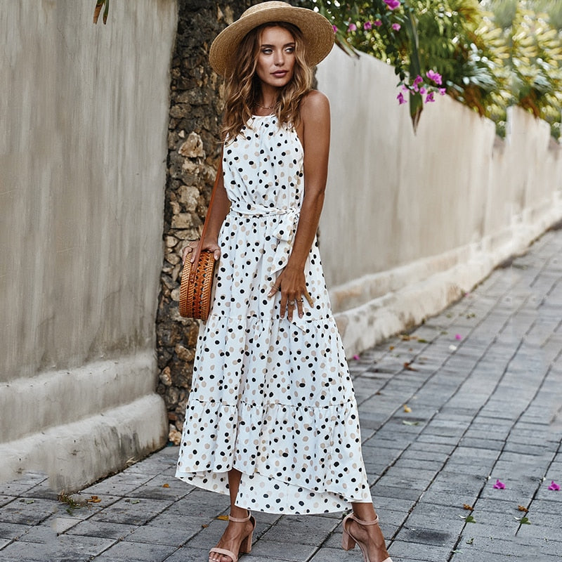 Summer Women Polka-Dot Long Dress Beach Dresses Strapless Casual White Midi Sundress Red Summer Vacation Clothes For Women