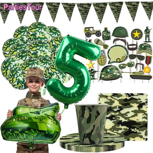 Birthday Army Military Camouflage Party Tank Balloon 32inch Number Helium Camo Party Supplies Tableware Banner