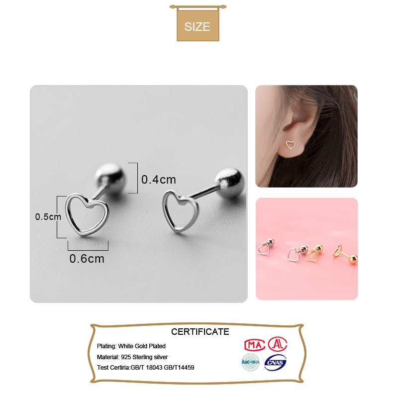 Sterling Silver Romantic Heart Bead Screw Stud Earrings For Women Wedding Minimalist Fine Jewelry