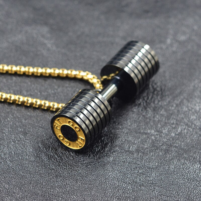 Dumbbell go fit Pendant Fitness Bodybuilding Gym gold black color Crossfit Barbell Necklace Fitness Jewelry - Stainless Steel