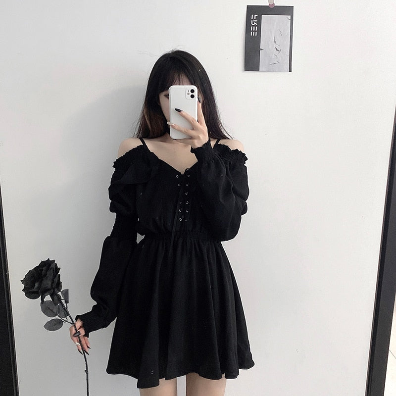 Women Dress -Lace Up Black Autumn Sexy High Waist Femme Dresses Off Shoulder Long Sleeve Gothic Clothes