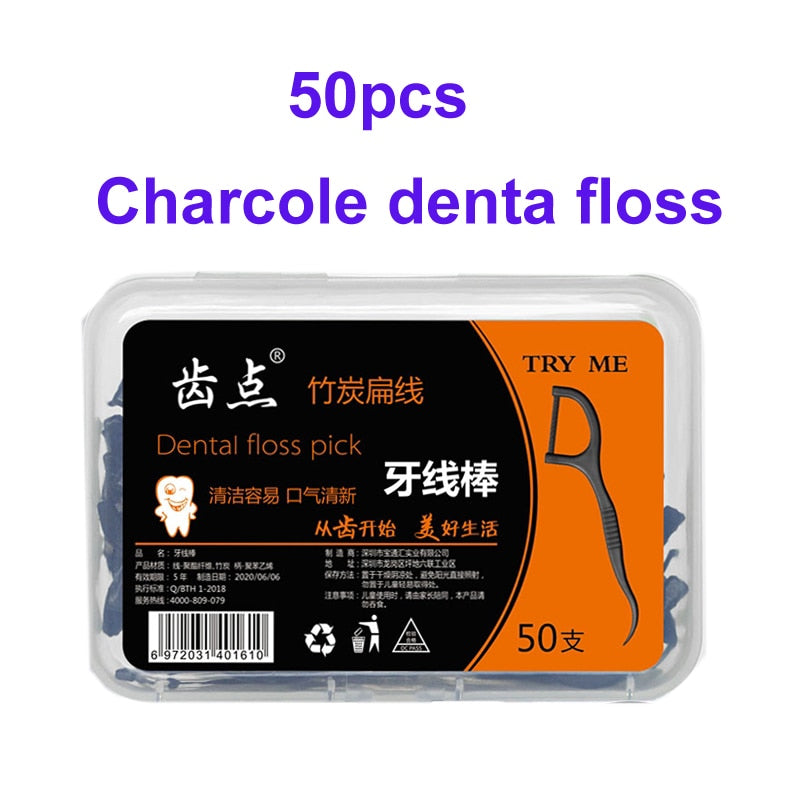 Flat dental floss bamboo charcoal hilo dental toothpick teeth cleaning organic dental teeth floss black teeth stick