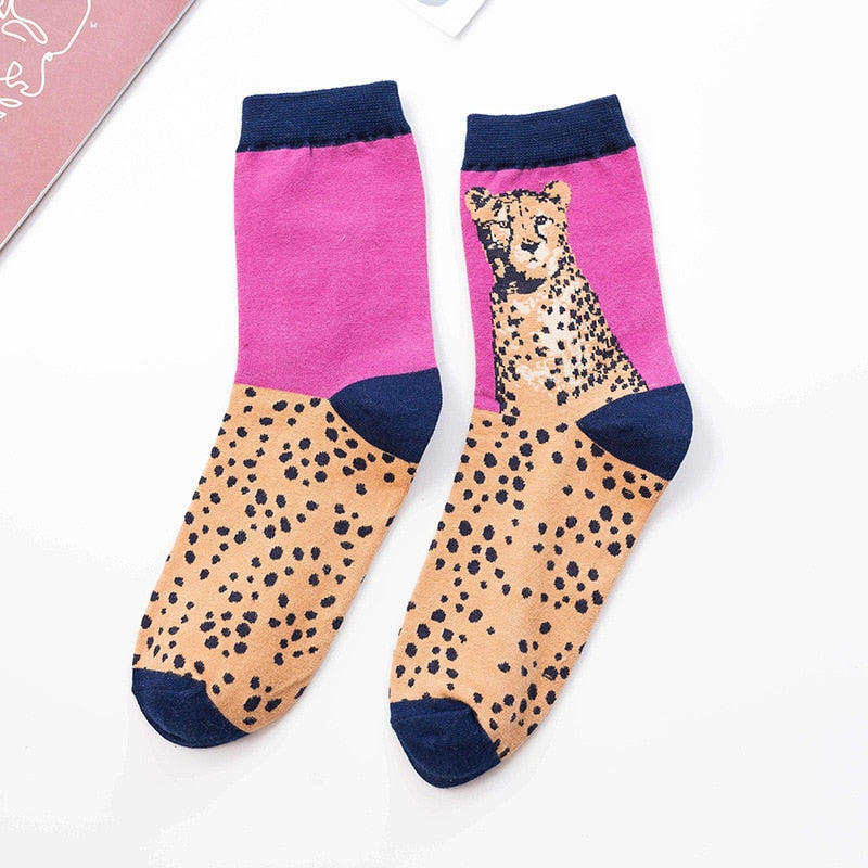 Vintage Fashion Leopard Animal Socks Women Girls Streetwear Cartoon Shell Fish Butterfly Mermaid Panther Dog Cat Cotton Socks